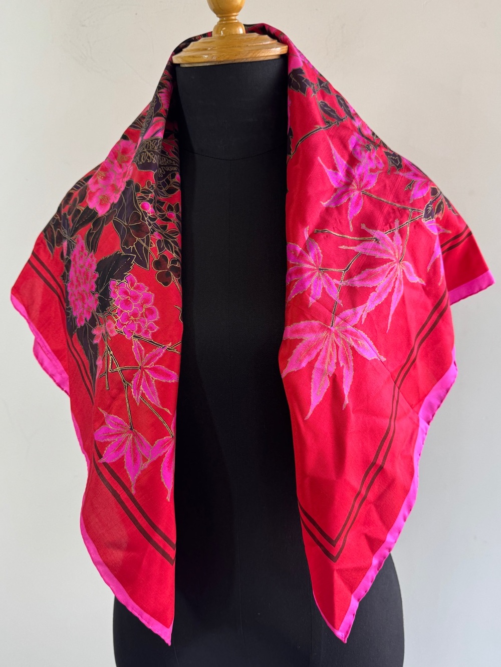 Thai Silk 100% Silk Scarf Hot Pink Floral Square Botanical Quiet Luxury Chic